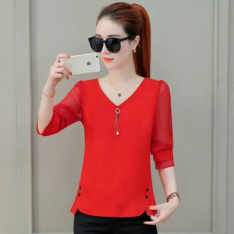 Women Spring Autumn Style Chiffon Blouses Shirts Lady Casual Long Sleeve V-Neck Blusas Tops DF1963