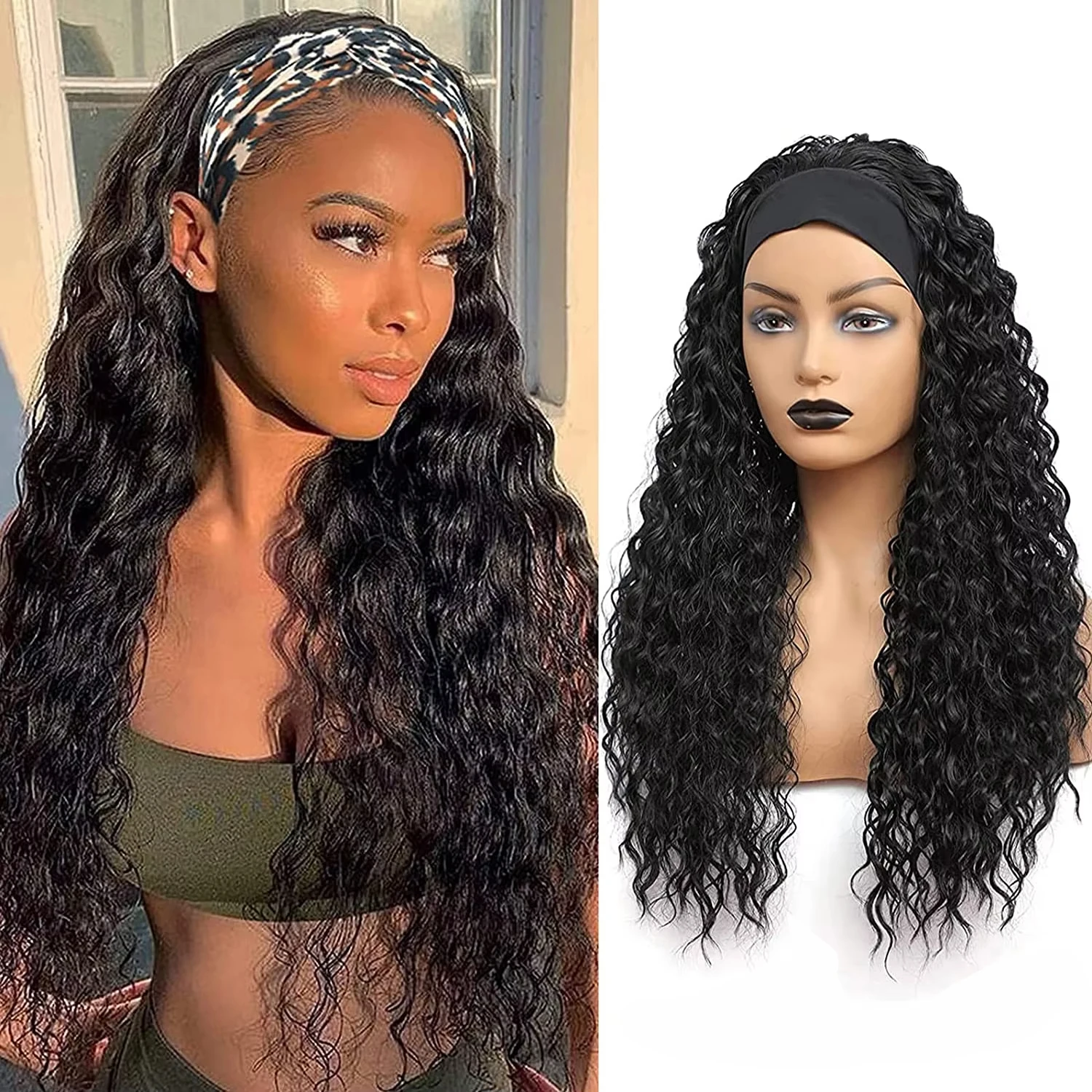 

Headband Wig Water Wave Synthetic Wigs for Black Women Curly Wigs with Headbands Attached Glueless Black Half Wig Heat Resistant