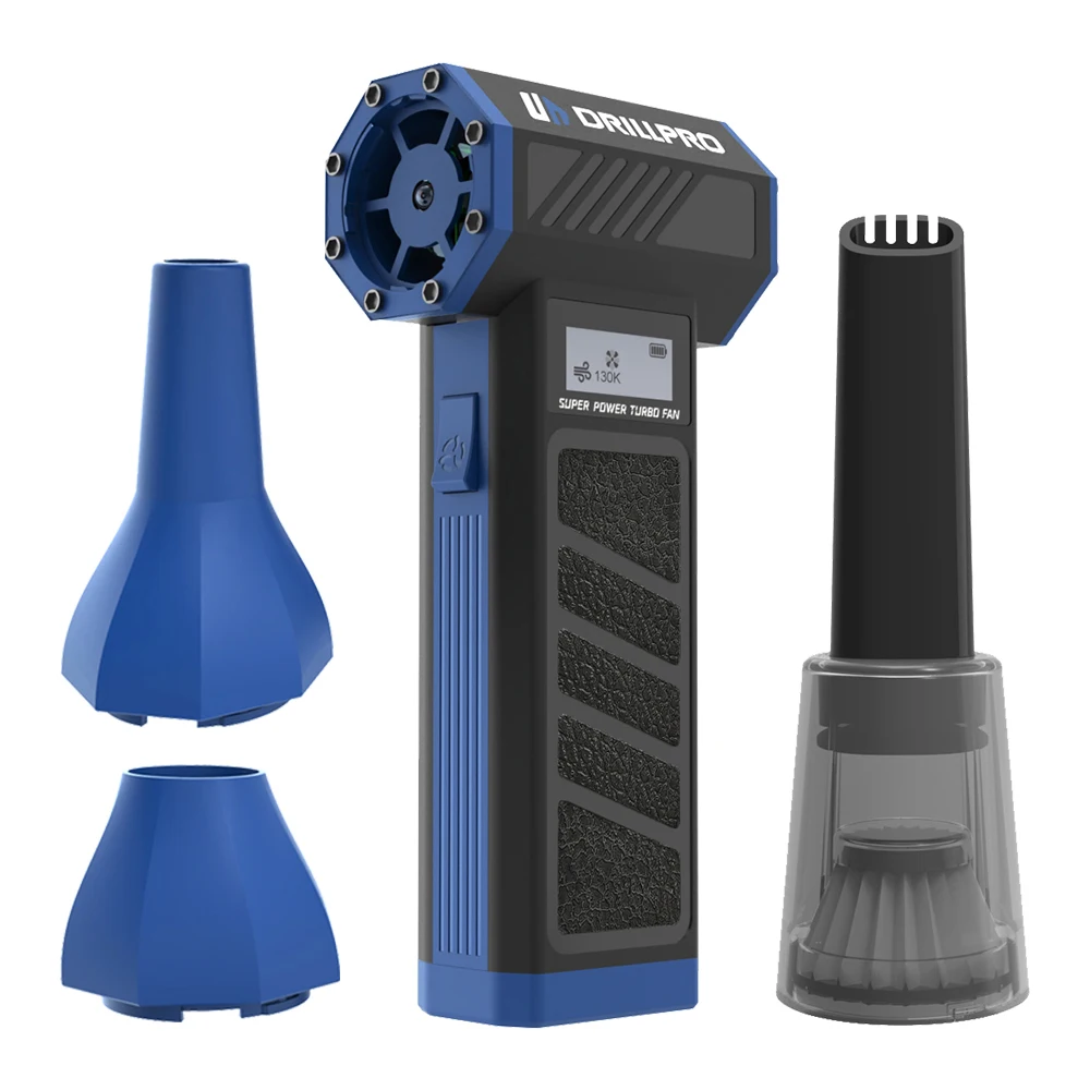 

Drillpro P30 Turbo Fan 130000RPM 300g Wind Pressure with 5000mAh Battery Dual Nozzles Portable Brushless Motor High Performance
