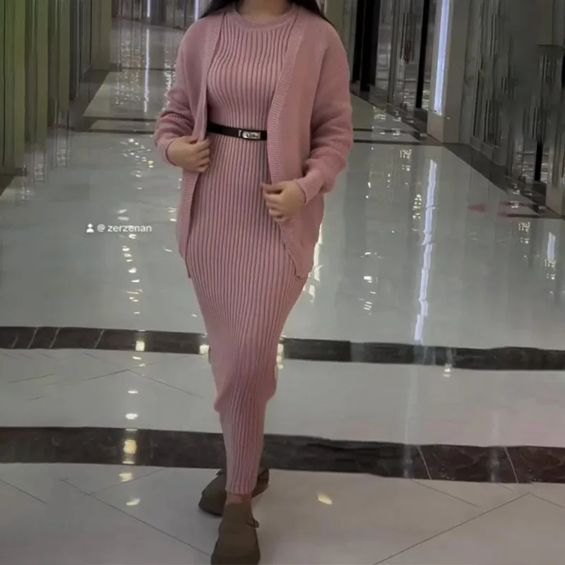 EAEOVNI Otoño Invierno tejidos nuevos conjunto mujer elegante Color sólido suéter suelto abrigo + vestidos largos sin mangas ropa de moda