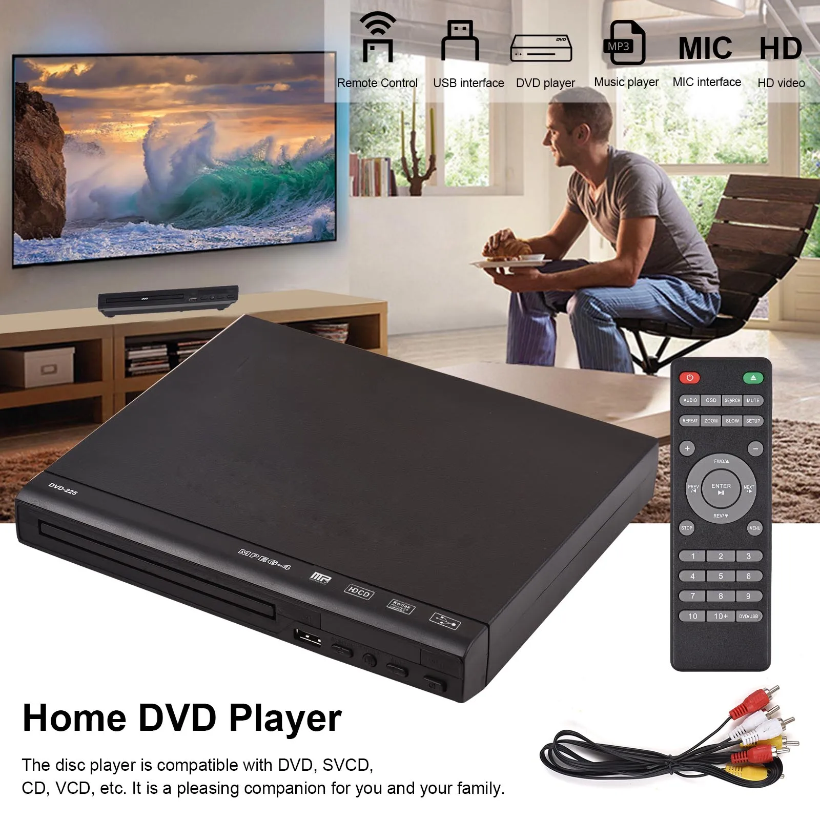 DVD CD Disc Player AV Output DVD-225 Home DVD Player DVD CD Disc Player Digital Multimedia Player AV Output with Remote Control