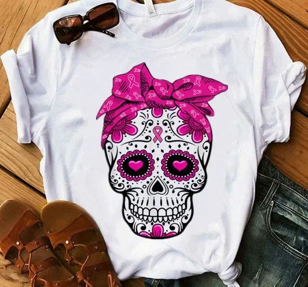 O Neck Loose T Shirt with Scarf Colorful Skull Head Print T-Shirt Women Short Sleeve Shirt  Women Causal Tee Camisetas Mujer Top