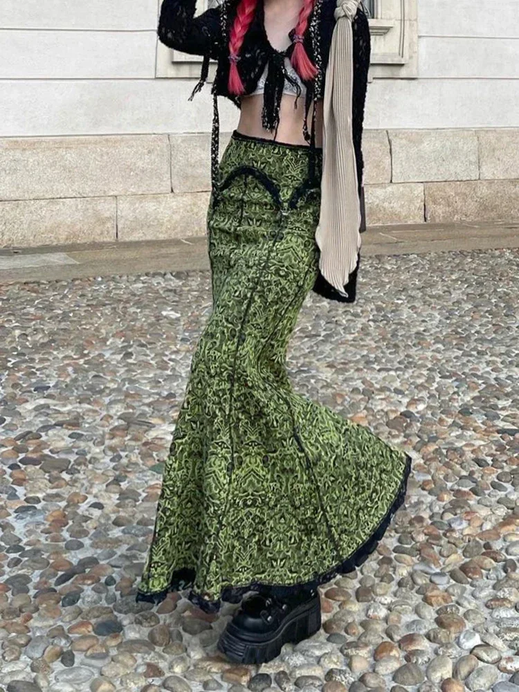 Vintage Fashion Elegant Green Trumpet Long Skirt Graphic Printed Lace Trim  High Waist Skirt Women  Aesthetic