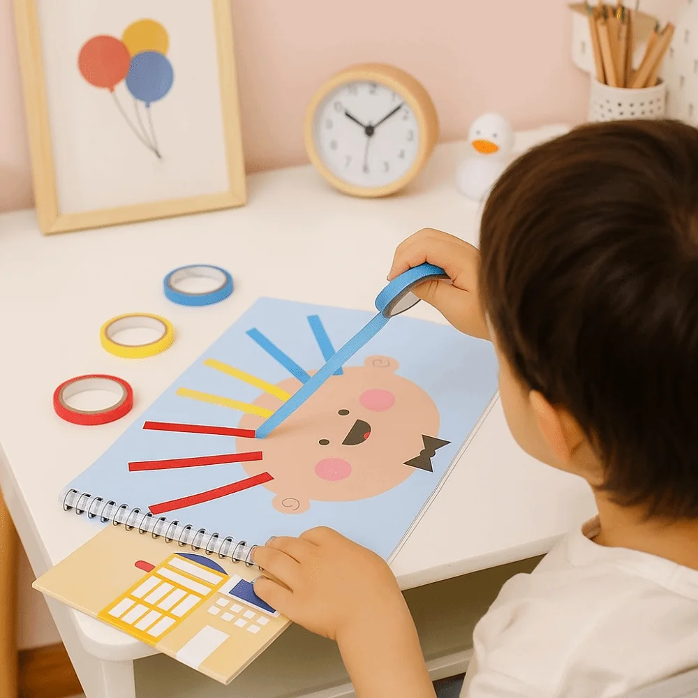 Material artesanal crianças fita adesivo livro aprendizagem precoce educacional dos desenhos animados diy conjunto montessori dos desenhos animados fita colorir brinquedo