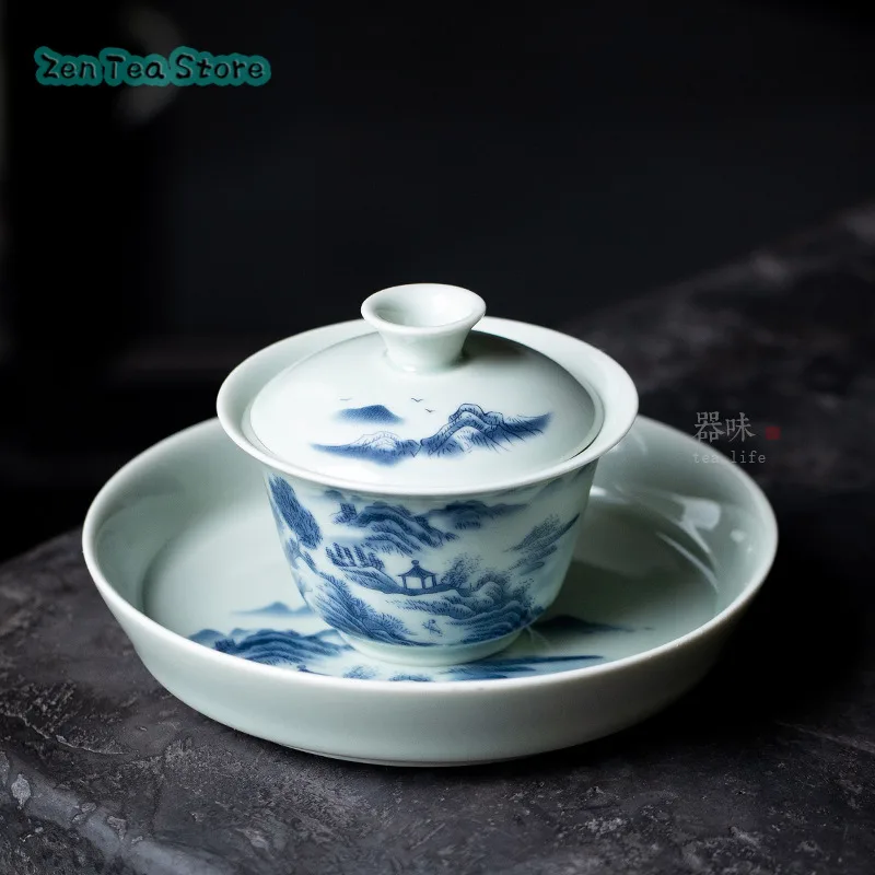 A Single Household Ceramic Kung Fu Tea Set High-grade Chinese Wind Blue And White Hand-made Three Tea Bowl Set