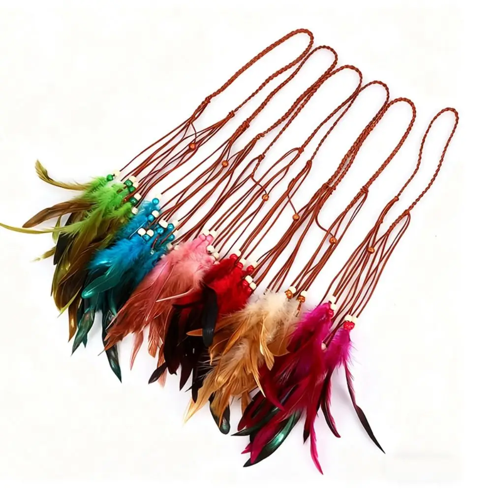 Cascading Tassels Bohemian Tassel Headband Braided Cord Hand-tied Plumage Long Feather Headpiece Vintage Ethnic Style