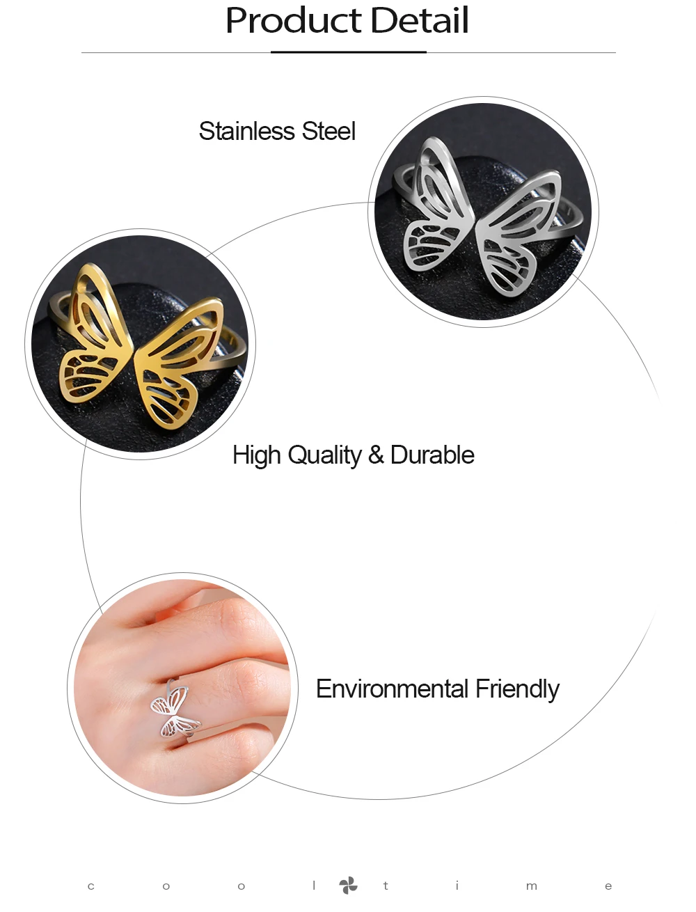 Cooltime Edelstahl Schmetterlings ringe für Frauen Mädchen Mode niedlichen verstellbaren Ring Schmuck Geschenk neu in – Detail 5