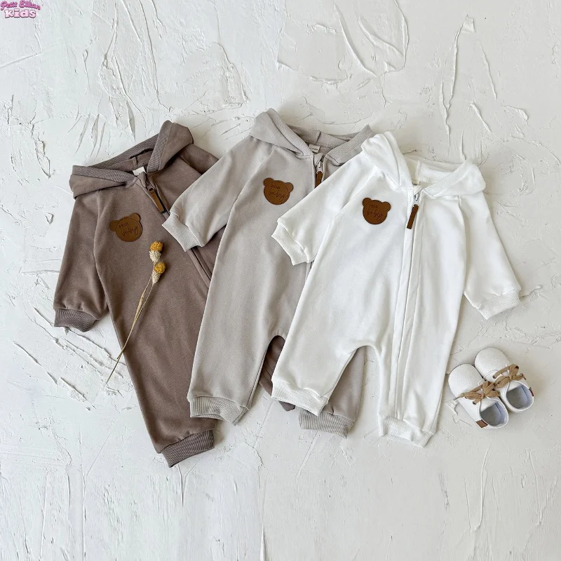 

Toddler Cotton Bear Hooded Romper 0-2Y Baby Girls Newborn Clothes Zip Up Onesie with Ear Hood and Leather Patch Casual Jumpsuit
