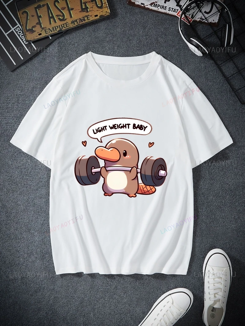 Fun Platypus Weightlifting Show Graphic Printed Shirts, Unisex Everyday Streetwear, Spring/summer Fashion Casual Cotton T-shirts