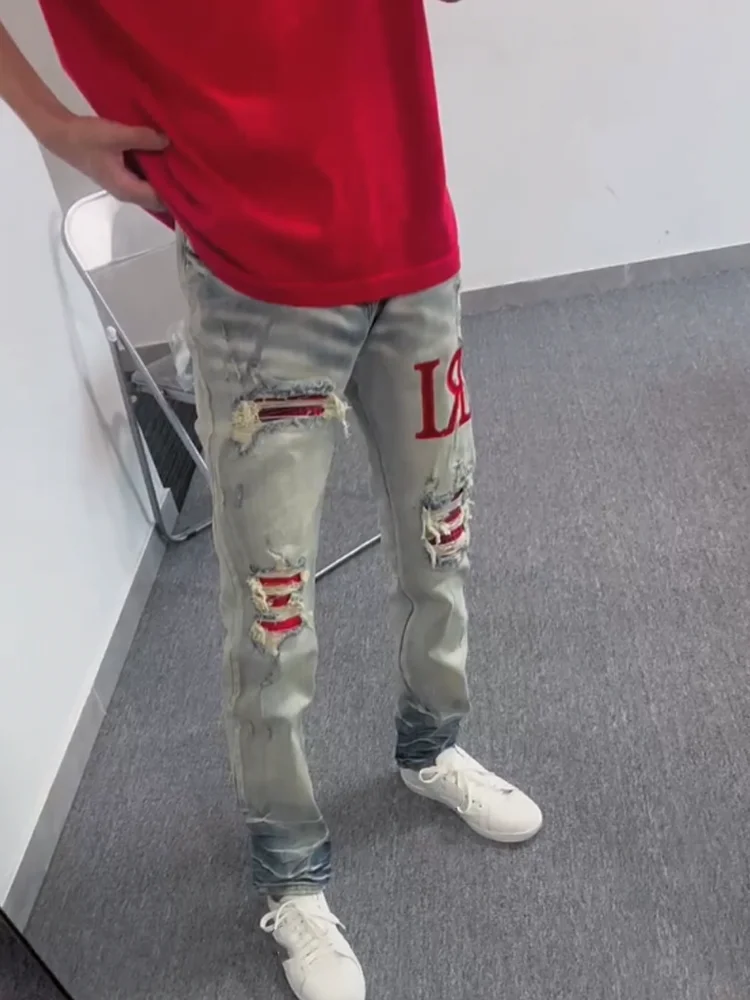 

American High Street New Red Word Patch Men's Jeans Casual Loose Straight Leg Slim Fit Long Pants Wear Resistant Straight Tube