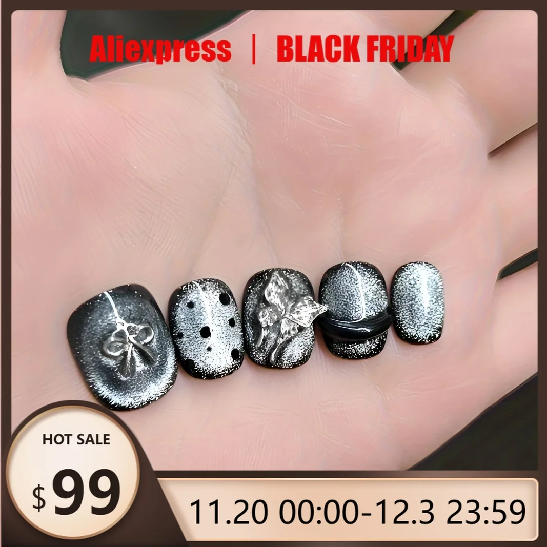 10 قطع اليدوية الصحافة على مسمار الفن مع القوس المعدني فضي رمادي القط العين بريق سلم قصير التغطية الكاملة مسمار نصائح للنساء