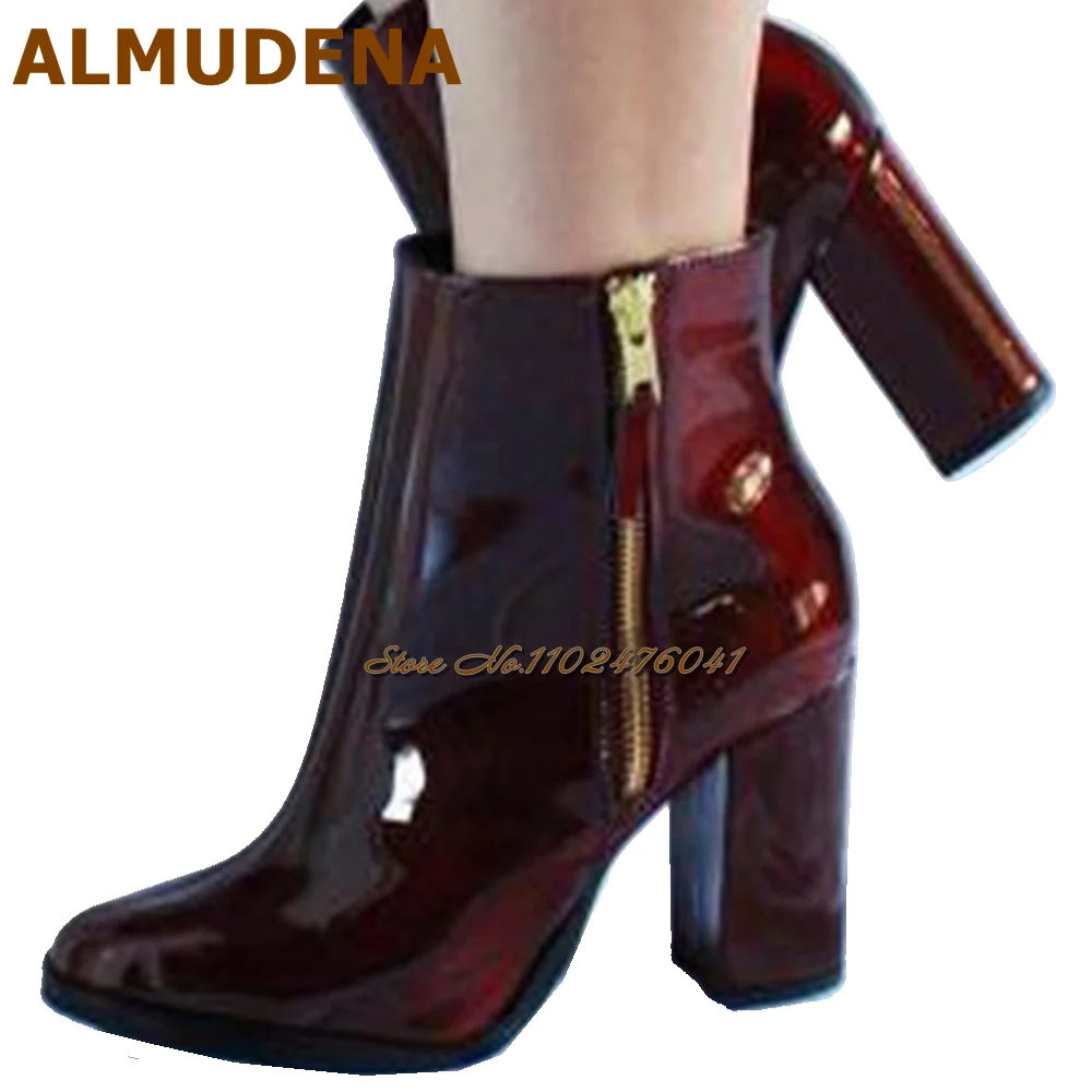 ALMUDENA Burgundy Patent Leather Chunky Heel Ankle Boots Women Zipped Block Heel Short Booties Size46 Dress Pumps Dropship