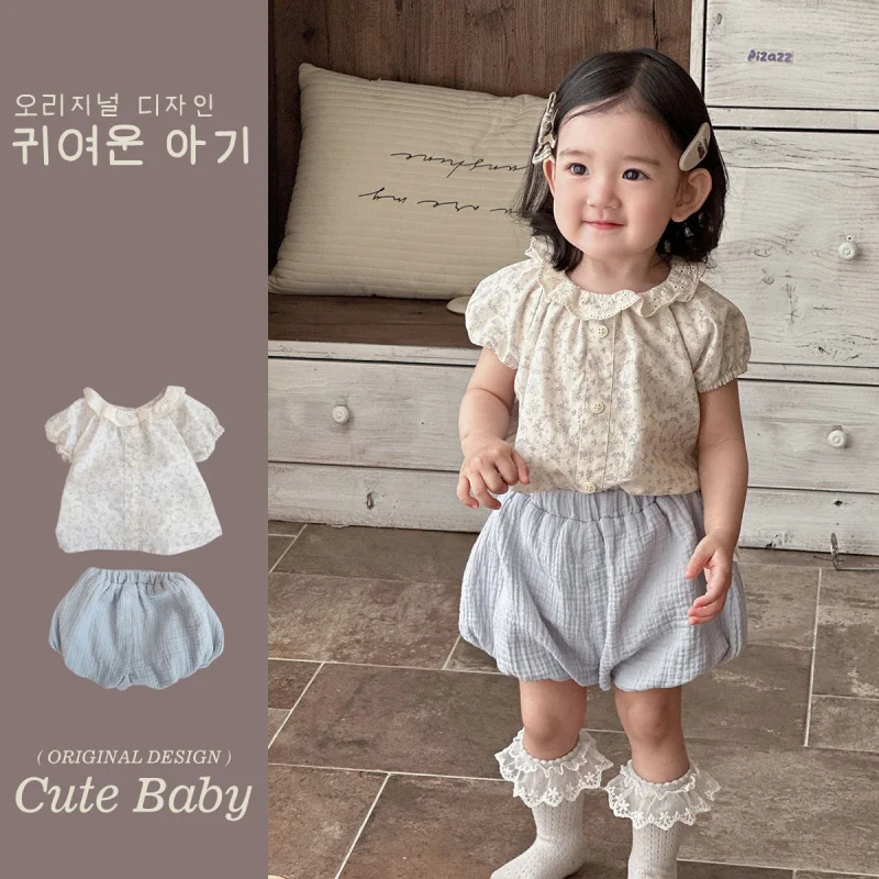 

Girls' Summer Thin Short-Sleeve Floral Outfit for Baby GirlsTT-shirt girlaCotton-like two-piece set, super cute children's cloth