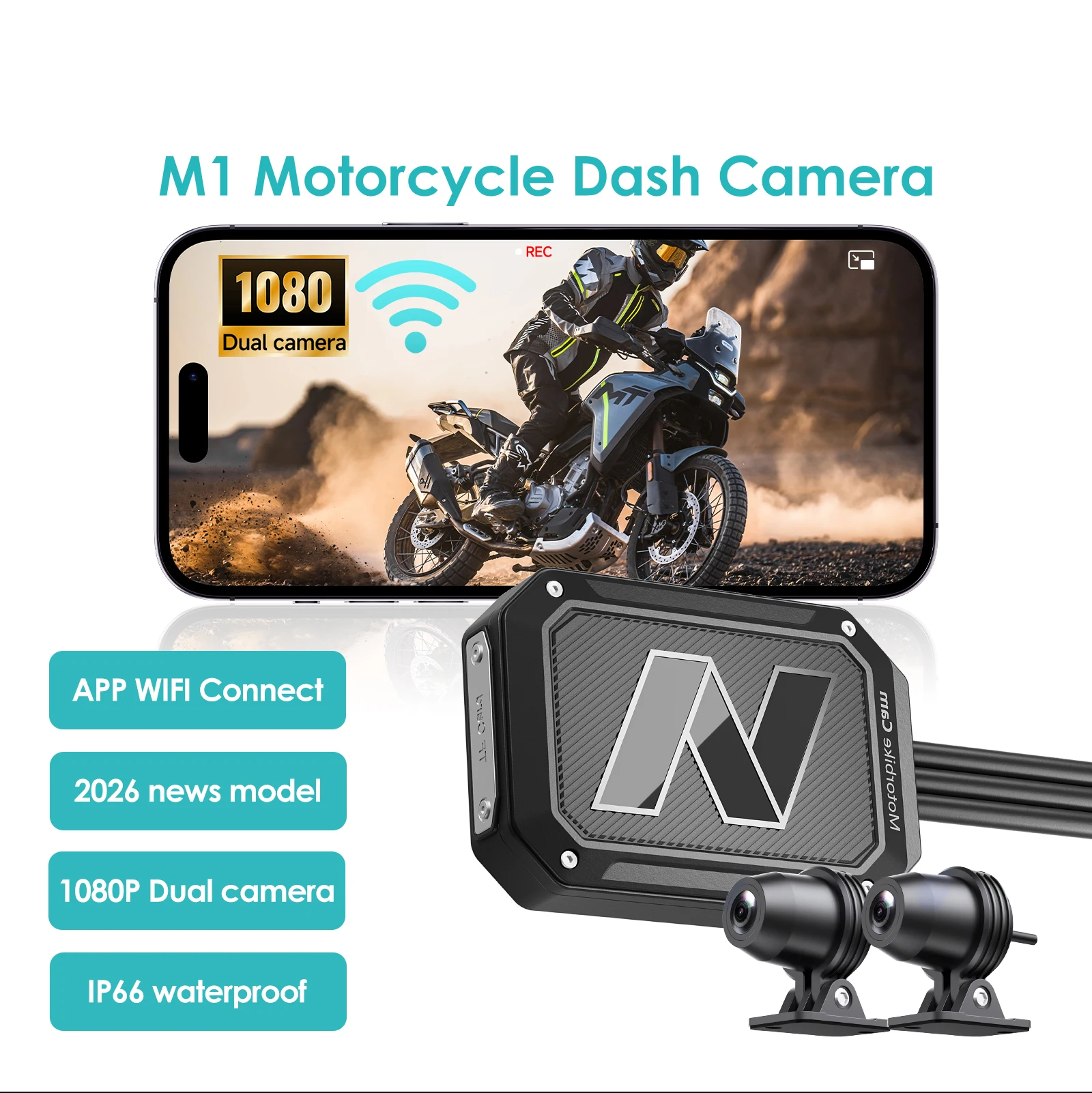 2K Motorcycle DVR Action Camera Front & Rearview WiFi Dash Cam Smart App Control Waterproof Smart Connect