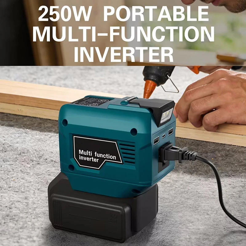 250W Inverter With LED Light Compatible with Makita Battery DC 18V-20V TO 220V Modified Sine Wave Lithium Battery Inverter