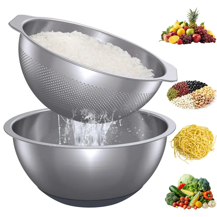 

Stainless Steel Colander and Strainer, 5QT Large Capacity and 6QT Mixing Bowl, Micropore for Washing Rice, Fruit, and Cooked Pas