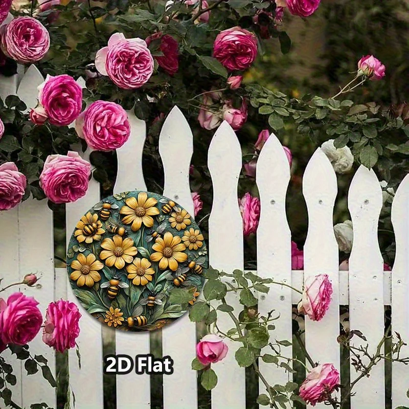 2D Flat, 8 Inch Round Vintage Bee & Wreath Metal Wall Decor - Rustic Aluminum Garden Sign with Yellow Flowers, Green Foliage & B