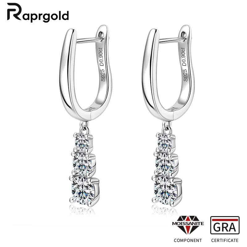 RAPRGOLD GRA Certified Moissanite Hoop Earrings for Women 925 Sterling Silver Drop Earrings Wedding Fine Jewelry Gift Pendientes