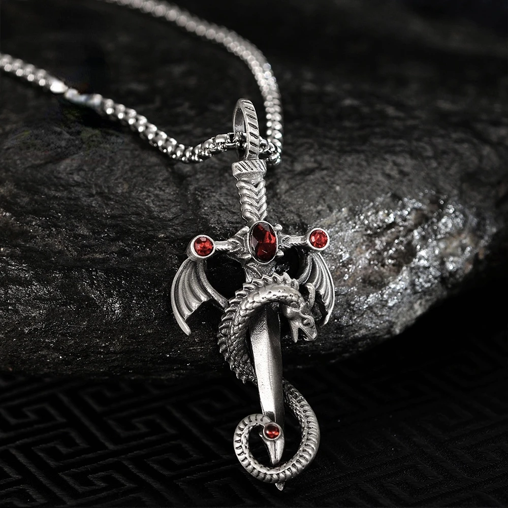 Vintage Silver Color Dragon Sword Cross Pendant Necklace for Men Women's Goth Punk Long Chain Necklace Hip Hop Jewelry