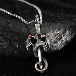 Vintage Silver Color Dragon Sword Cross Pendant Necklace for Men Women's Goth Punk Long Chain Necklace Hip Hop Jewelry