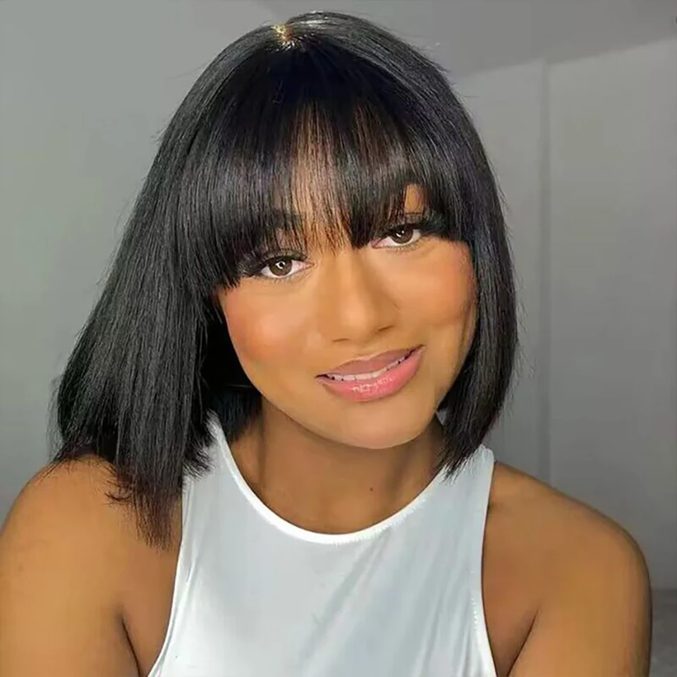 Short Human Hair Wigs For Women 100% Real Ready To Wear Straight Bob Brazilian Hair With Bangs Lace Inside Colored Wigs