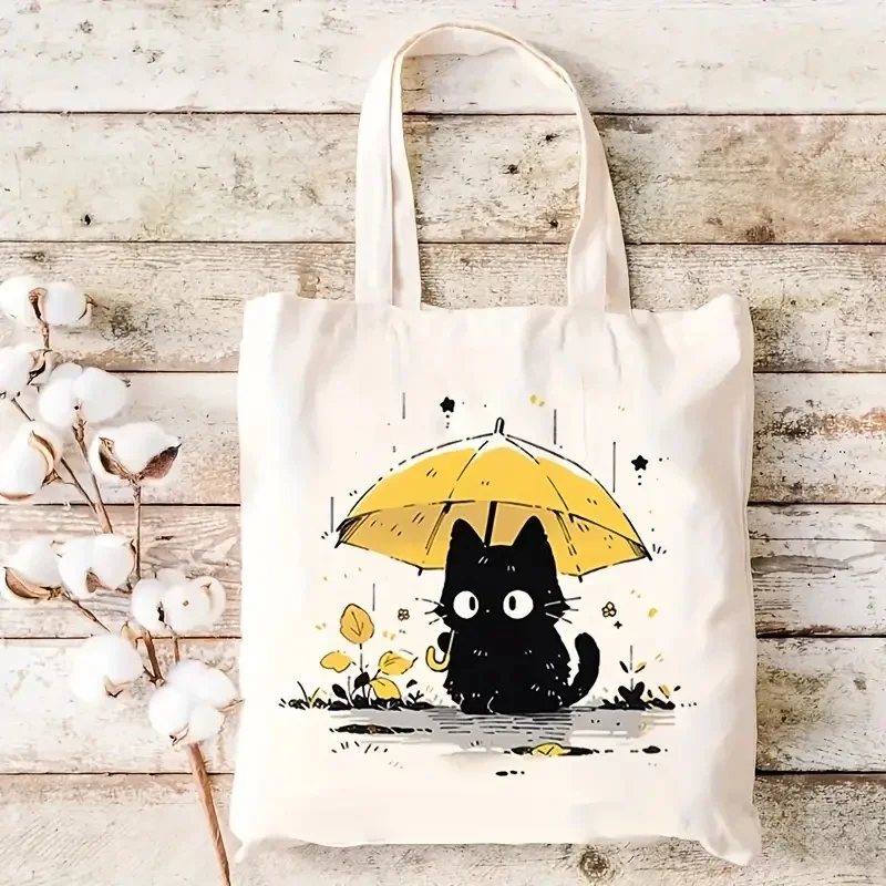 

Charming Black Cat and Yellow Umbrella Tote Bag Canvas Shoulder Bag Reusable Eco Friendly Gym Sack Ideal for Yoga Office Commute