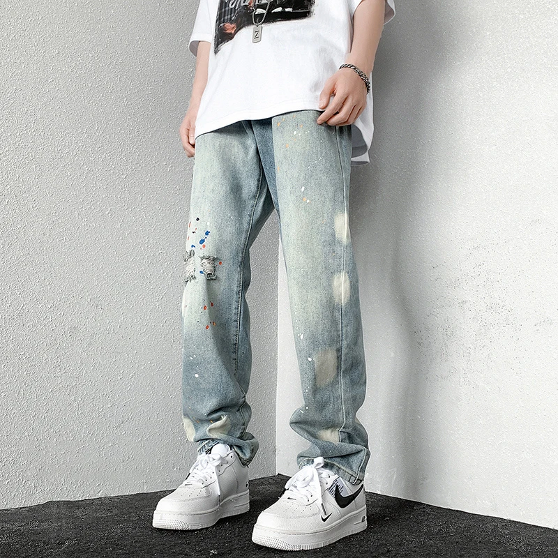 

2024 New Splashing ink Ripped Baggy Jeans For Men Hip Hop Fashion Graffiti Holed Straight-leg Denim Trousers Y2k Streetwear Jean