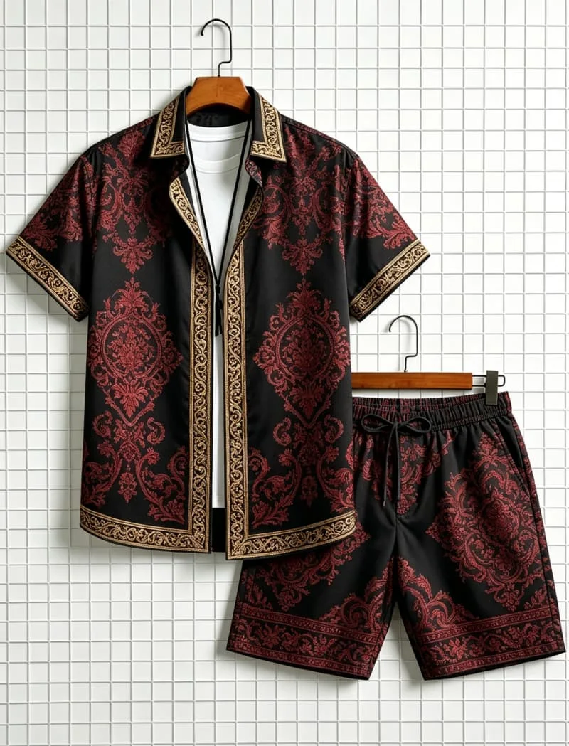 Men's ethnic border printed short sleeved shirt and shorts set, fresh and elegant style, for daily leisure and outdoor travel