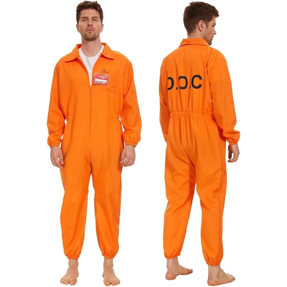 Adult Prisoner Jumpsuit Halloween Mens Costume Orange Jailbird Costume Prison Inmate Jumpsuit Convict for Halloween Cosplay Set