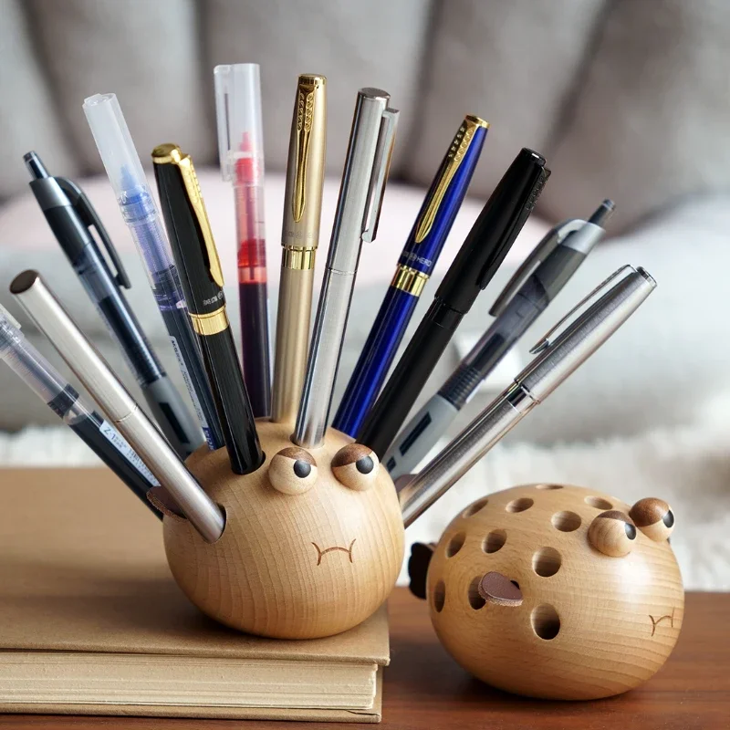 

Puffer fish pen holder children's storage box cute creative gifts office desktop insert solid wooden ornament