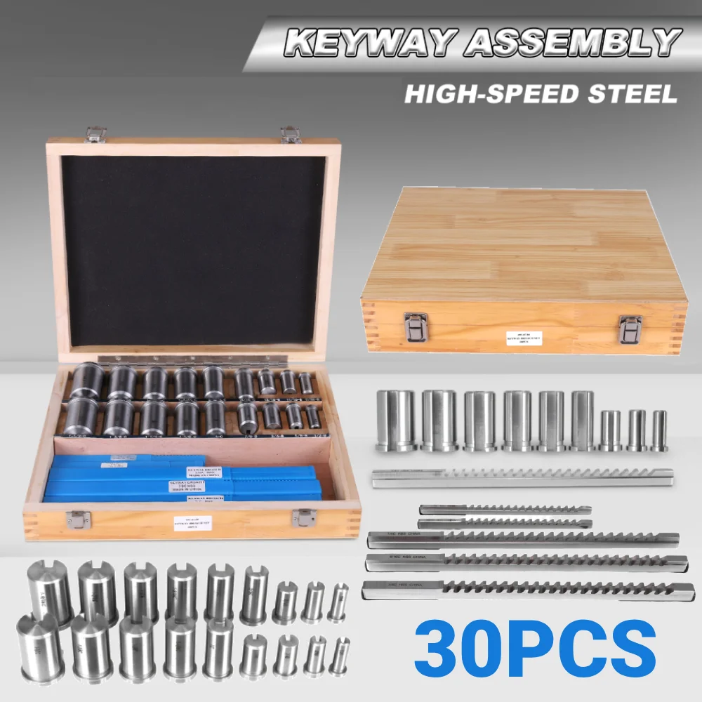 

30Pcs Keyway Spline Broaching Set with 5 Broaches 18 Bushings 7 Shims Standard Metric Broach Keyway HSS Metric Cutting Tool