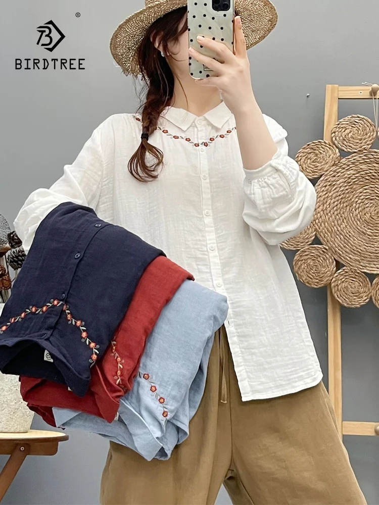 

Новинка 2025, осенняя рубашка с длинными рукавами из хлопковой пряжи, женская рубашка с отложным воротником и вышивкой, повседневная милая свободная блузка Mori Girl T59055CC