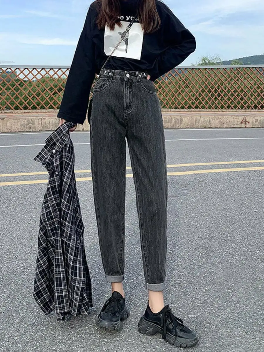 

Faionable прямые брюки-шаровары с высокой талией для папы, женские джинсовые джинсы с регулируемой талией, черный цвет, весенний сезон, девять очков