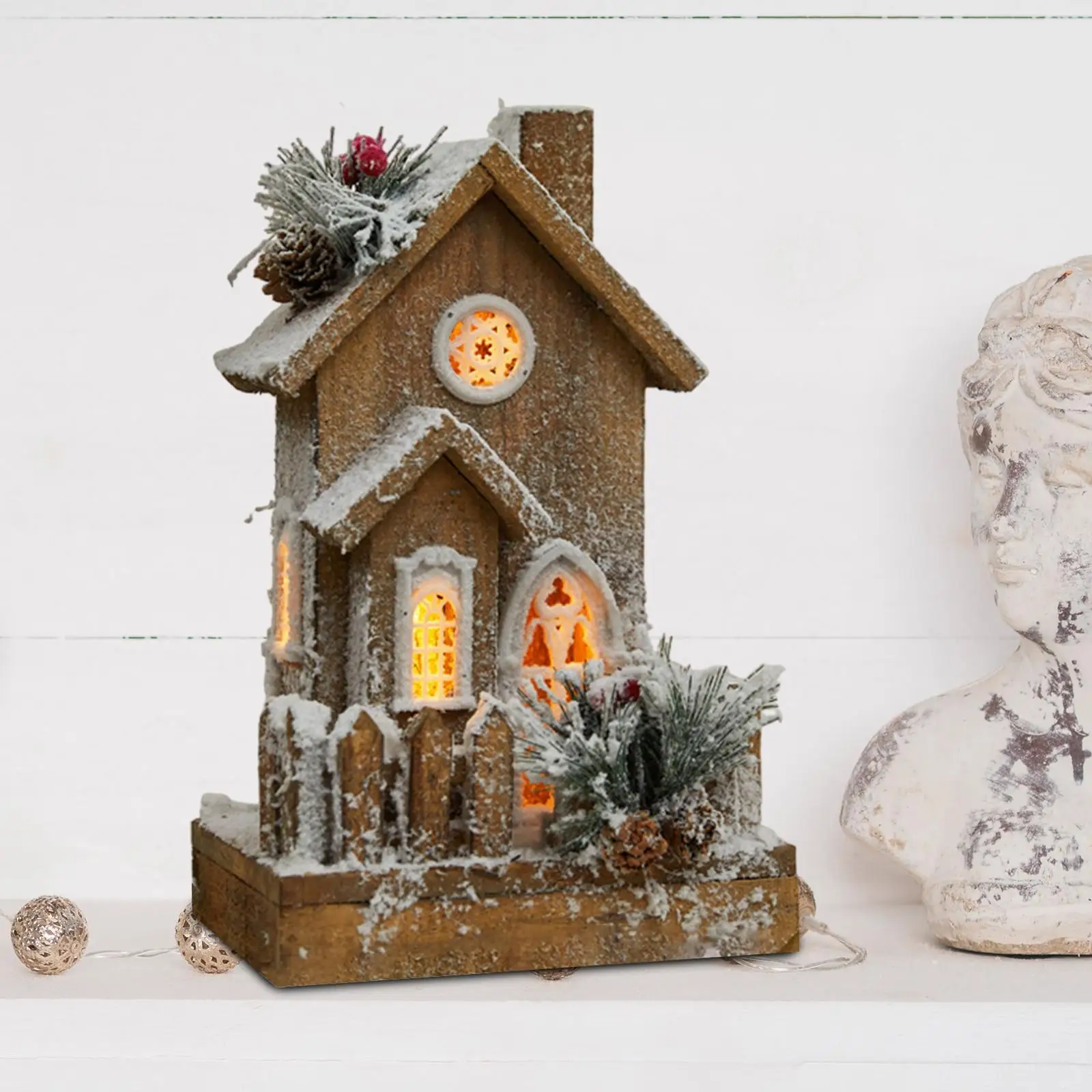 Christmas Snow House Wood House Figurine with Warm Light Xmas Kids Gift Birthday