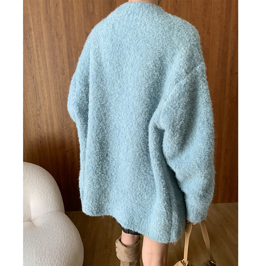 Women Autumn V-Neck Single Button Vintage Cardigans Coat Knitted Blue Color Warm Sweater Women Winter Cape Clothes Tops