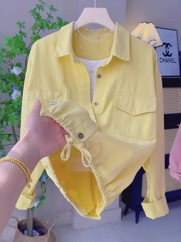 Pink Pure Cotton  Shirt Jacket Women's Spring Autumn Outerwear Open Cardigan Bottom Drawstring Loose Versatile Blouse
