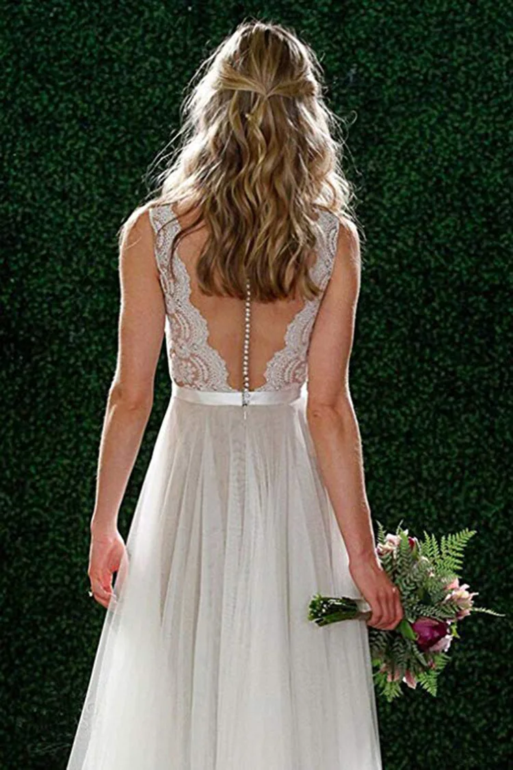 VENSANAC Boho Deep V Neck Lace Appliques A Line Wedding Dresses Pearls Sash Open Backless Bridal Gowns