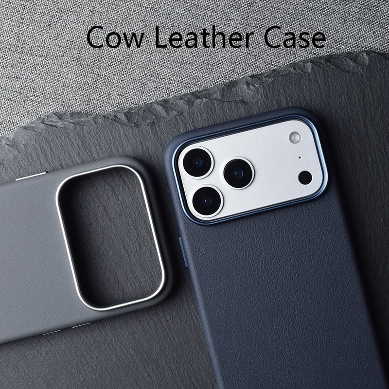 

Коровья кожа для iPhone 17 Pro Max, кожаный роскошный чехол для задней панели телефона для iPhone 17 Pro, магнитная кнопка для камеры, кожаный синий цвет