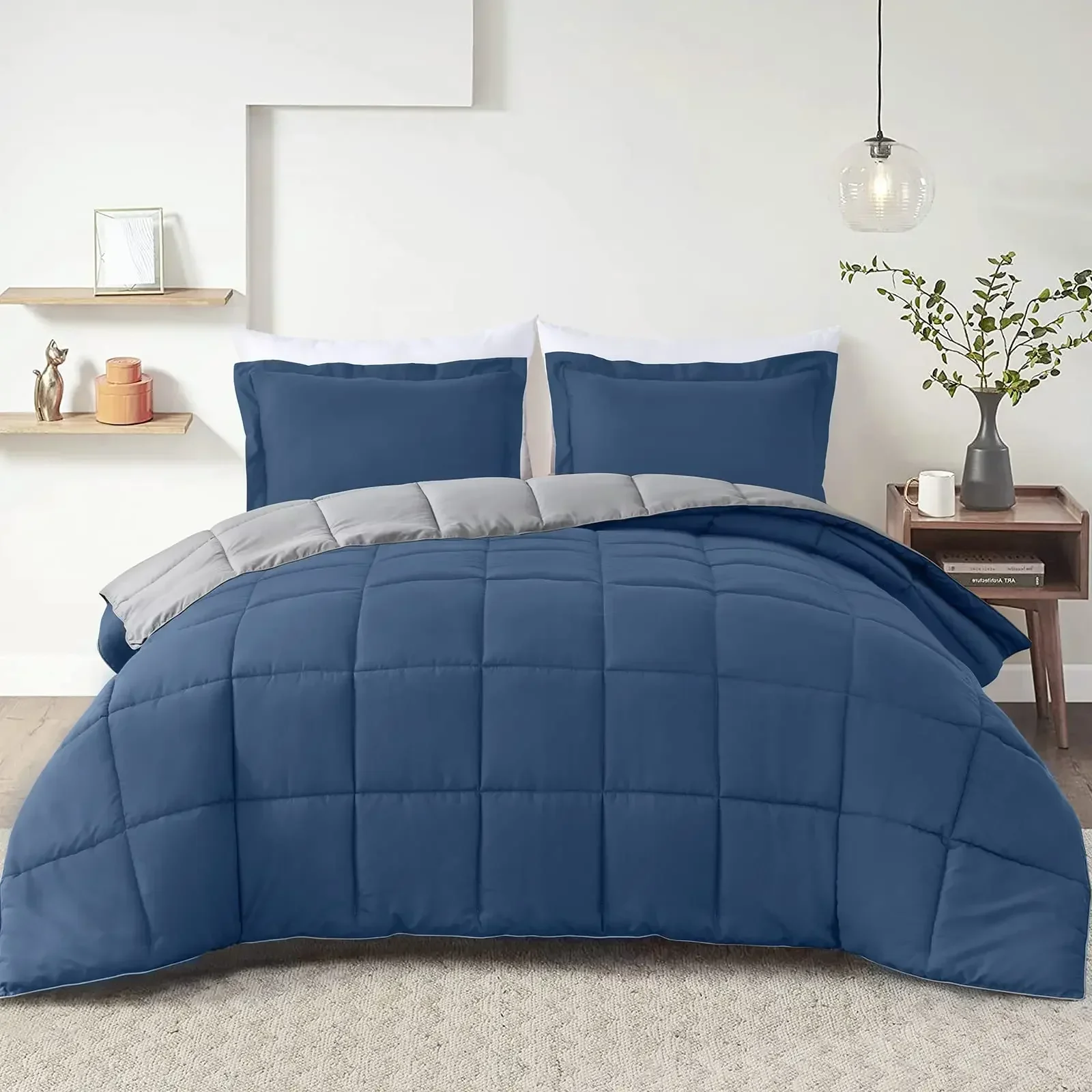 3 Piece Homelike Moment Bedding Set Lightweight Blue/Grey Bedding Comforters All Season Down Alternative Reversible Duvet Insert