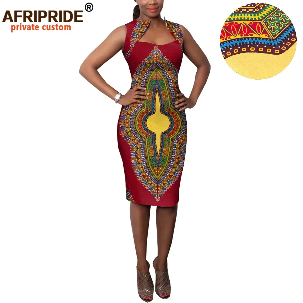 

African Bodycon Dresses for Women Sleeveless Collar Wax Cotton Dress Dashiki Clothing Ankara Fabric AFRIPRIDE A1925036