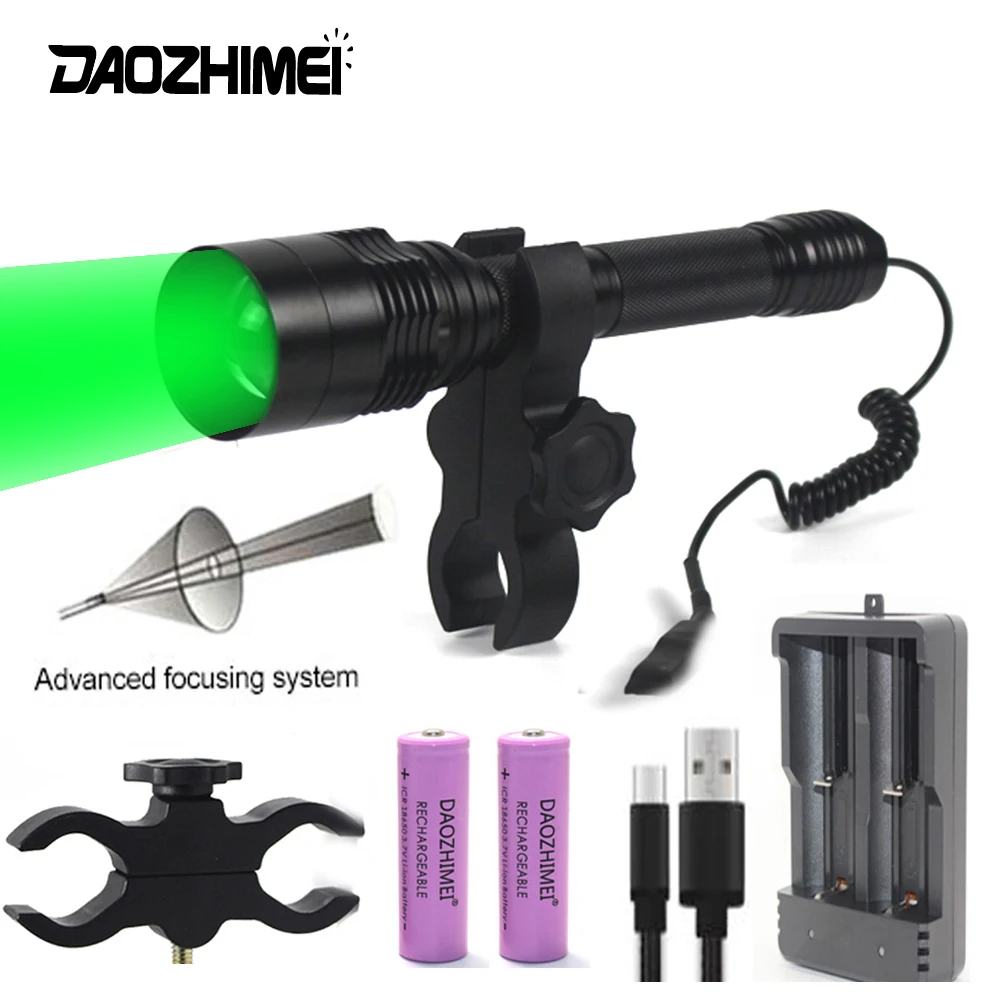 

500 Yards Green Tactical Hunting Flashlight Zoomable LED Beam Predator Torch+Mount+Remote Pressure Switch+18650 Battery+Charger