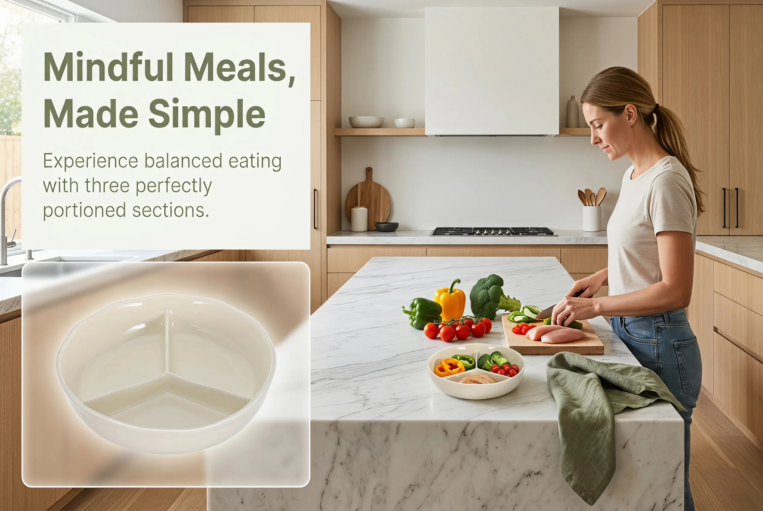 Ceramic Divided Dinner Plate Round 3 Section Plate Portion Control Food Divider Bowl Healthy Eating Meal Prep Outdoor Dining