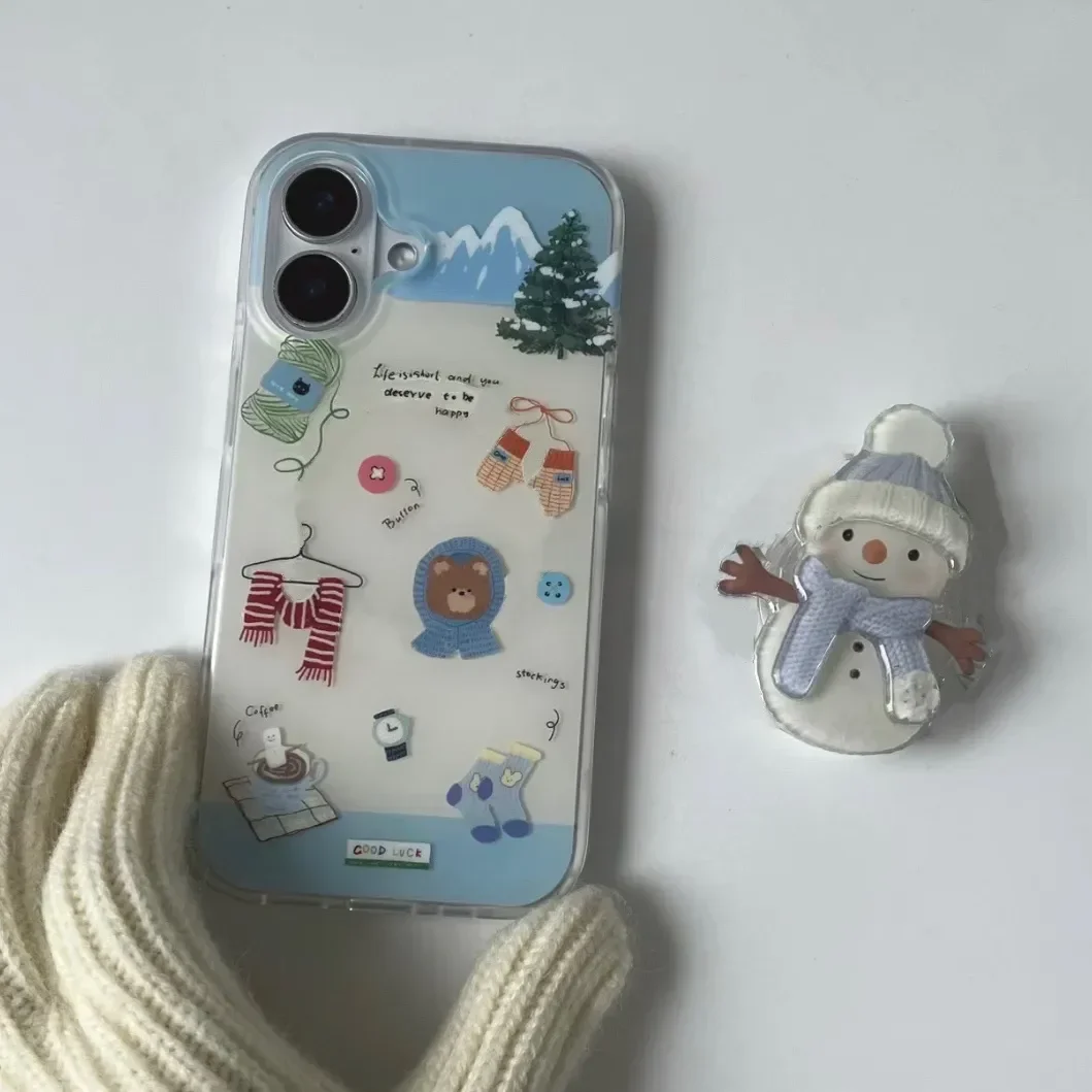 Ins Cute Winter Healing Illustration Snowman Cartoon Kawaii Phone Case For iPhone 17AIR 16 15 14 13 12 11 Pro MAX Plus Y2K Cover