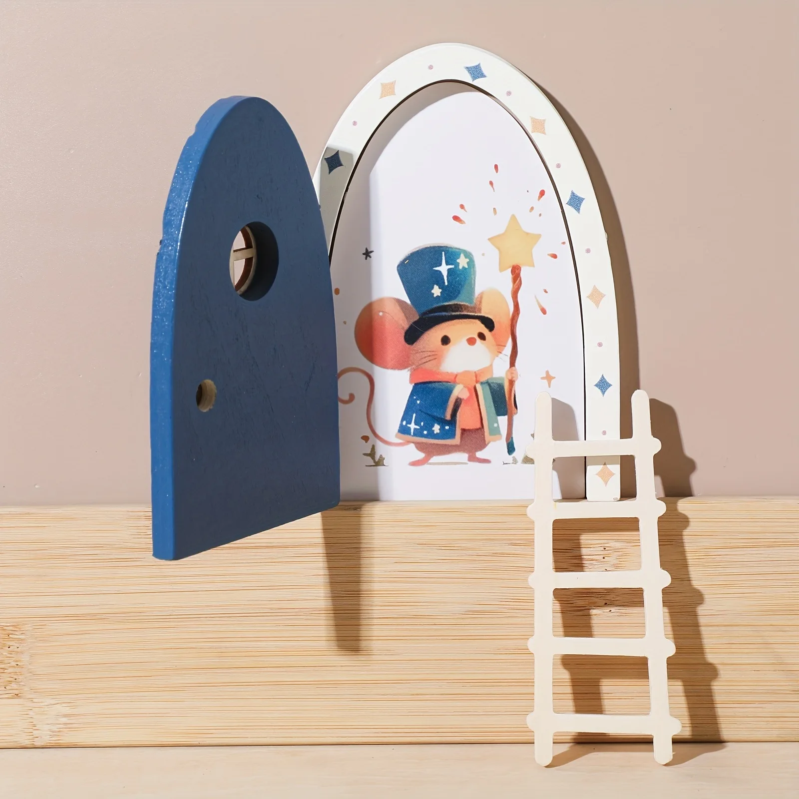 5PCS Christmas Home Pink Wooden Magical Fairy Doors Mouse Miniature Tiny Door Desk Fairy with Ladder Tooth Fairy Door Gift Decor