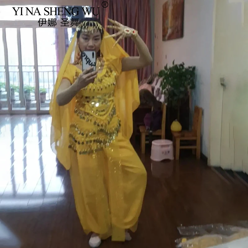 مجموعة ملابس الأميرة العربية للبالغين ملابس الرقص الشرقي اللامعة للنساء مُزينة بالترتر + السراويل طقم أزياء للسيدات والرقص الهندي الشرقي