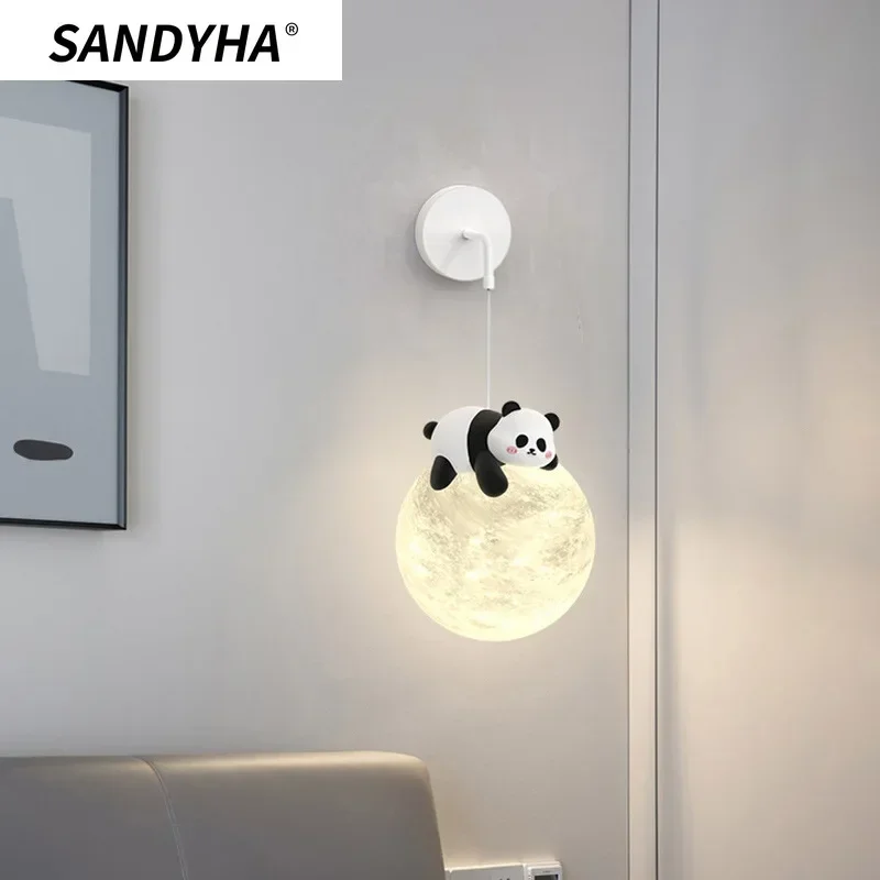 

SANDYHA Cute Wall Lamp Bedside Light Bedroom Background Moon Cream Children Little Bunny Panda Bear Pet house Small Chandelier