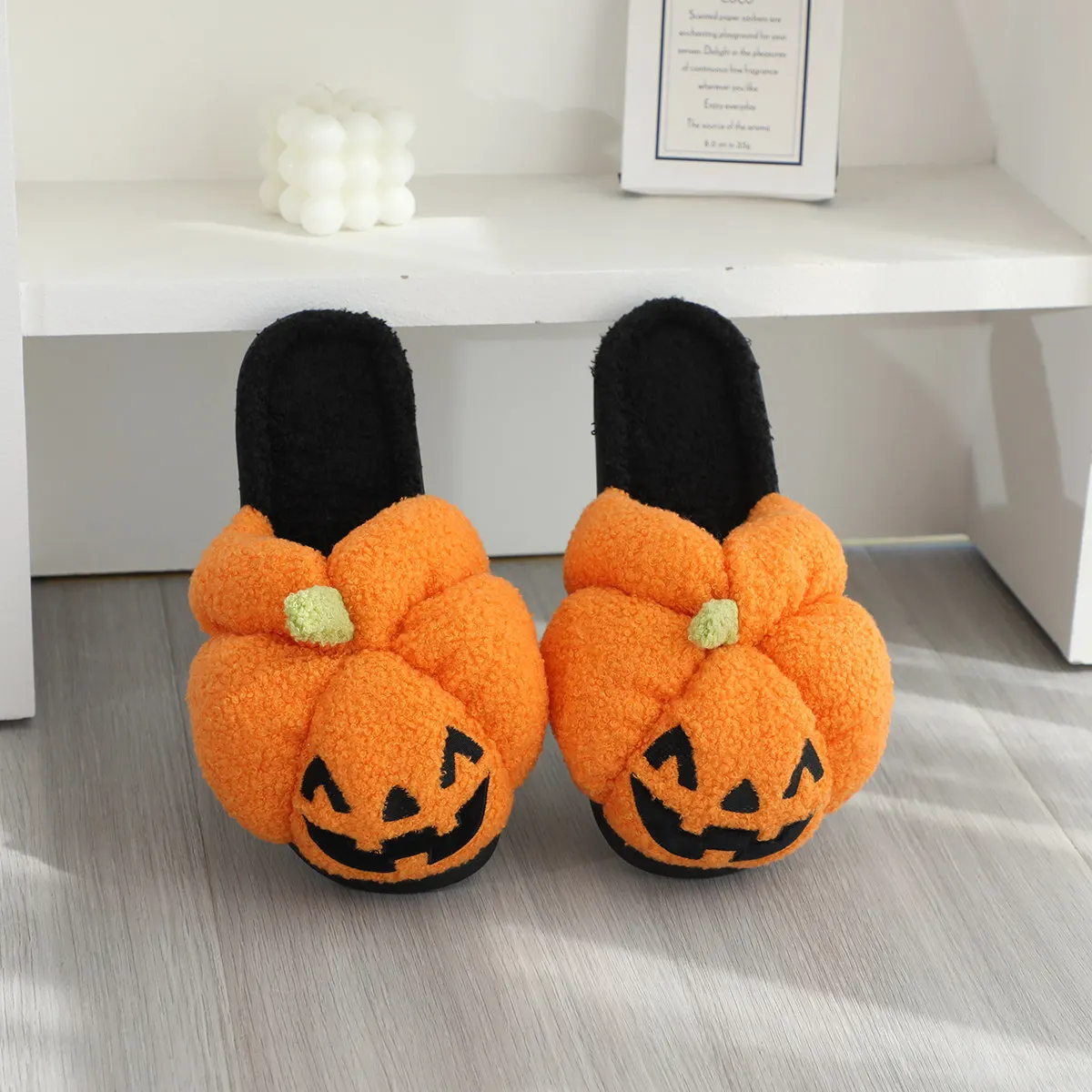 Halloween Pumpkin Slippers Soft Plush Cotton Slides Woman Keep Warm Comfortable Winter House Slippers Cute Ghost Fury Shoes