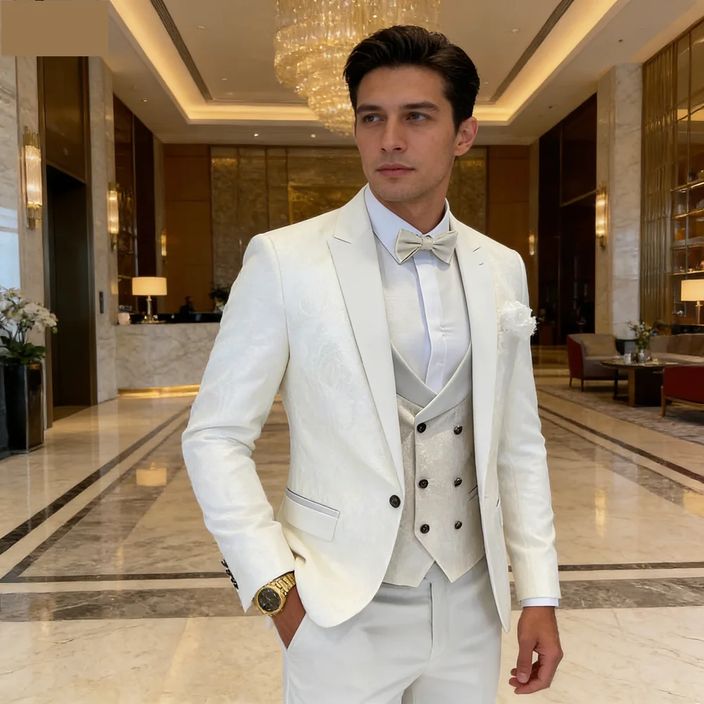 

Jacquard 3 Piece Men's Tuxedo Regular Fit Blazer Vests Pants Double Breasted Business Prom Wedding Set Men's Formal Clothes