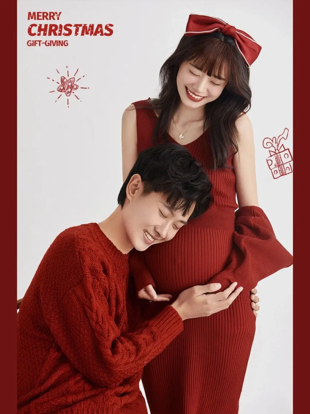 Vestidos de maternidad para fotografía de pareja, ropa de punto de algodón para sesión de fotos del embarazo, rojo, año nuevo, con abrigo