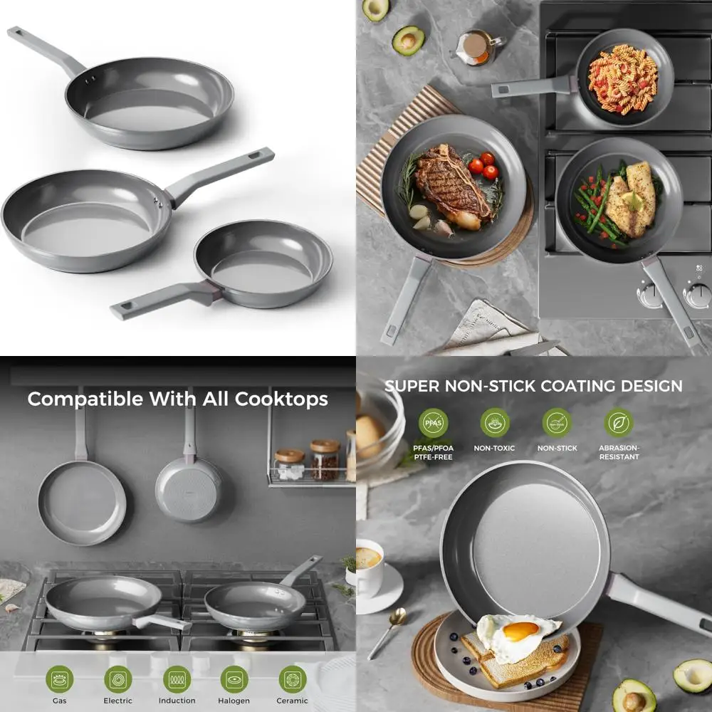 

Набор нетоксичных здоровых керамических сковородок из 3 предметов — 8, 10 и 12-дюймовые сковороды с антипригарным покрытием, PFAS, PTFE, без PFOA, индукционная совместимость